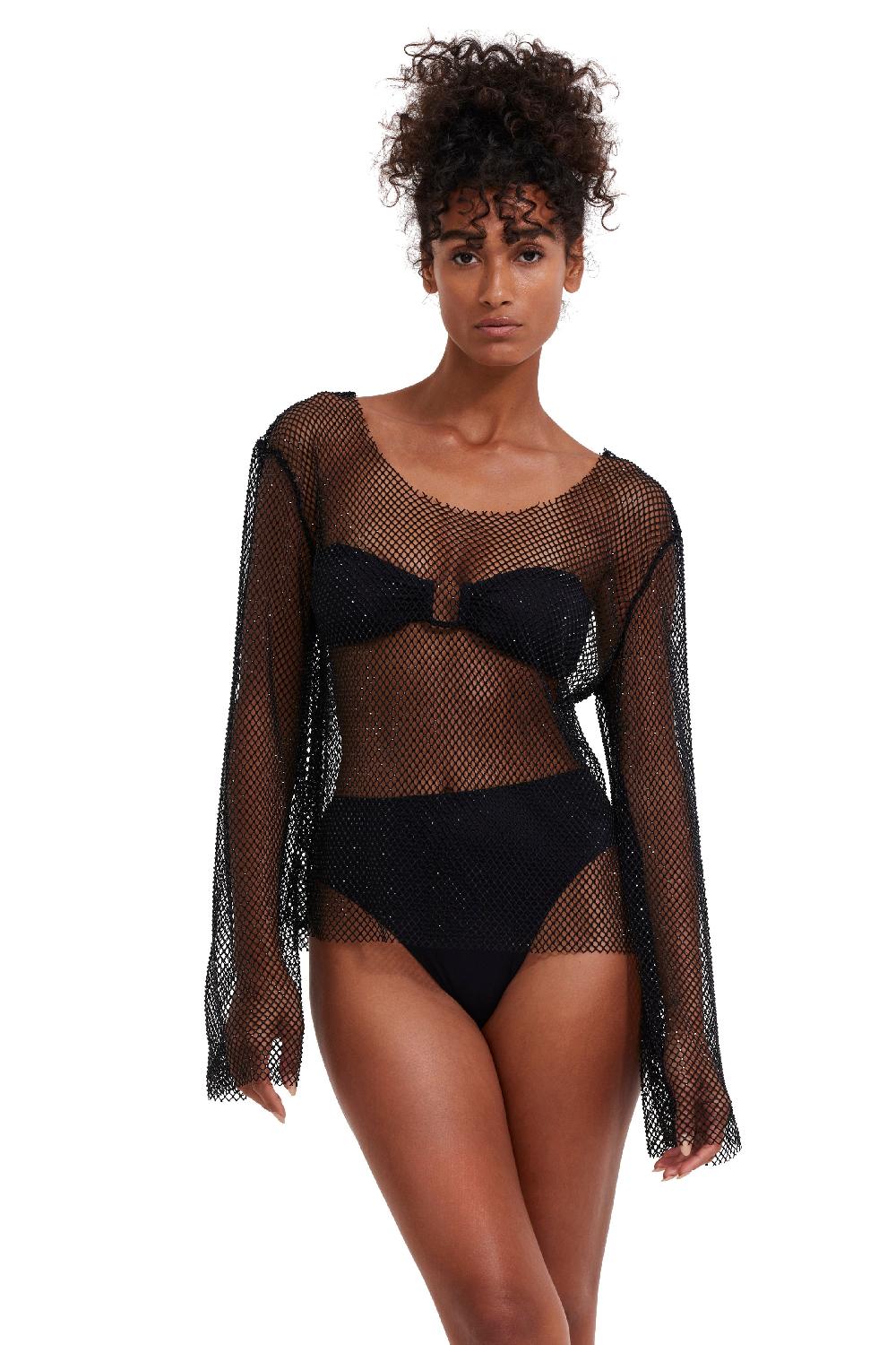 gottex Rhinestone Mesh Cover-Up Top Black