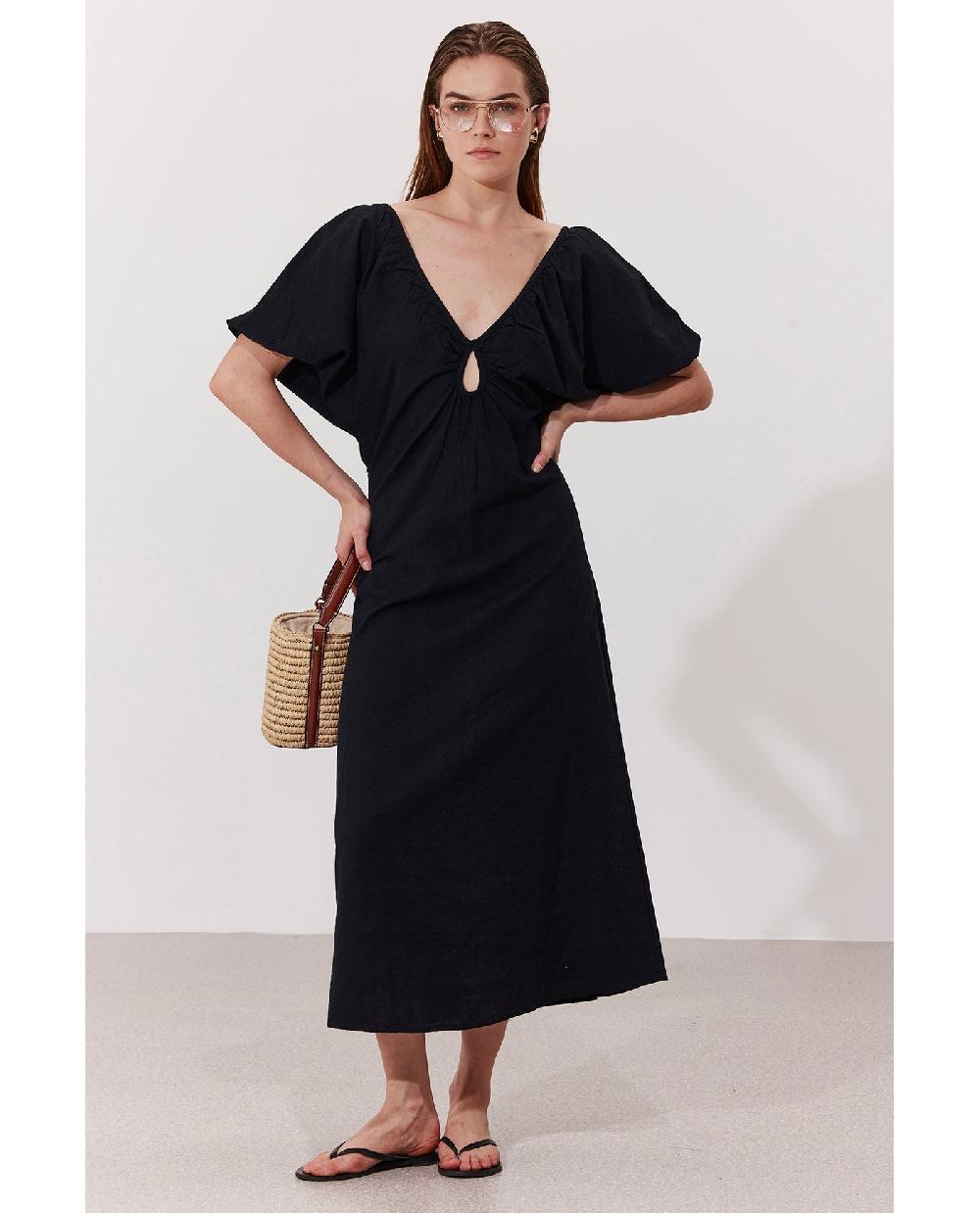 Gottex Terra Puff Sleeve Midi Dress Cover-Up Black