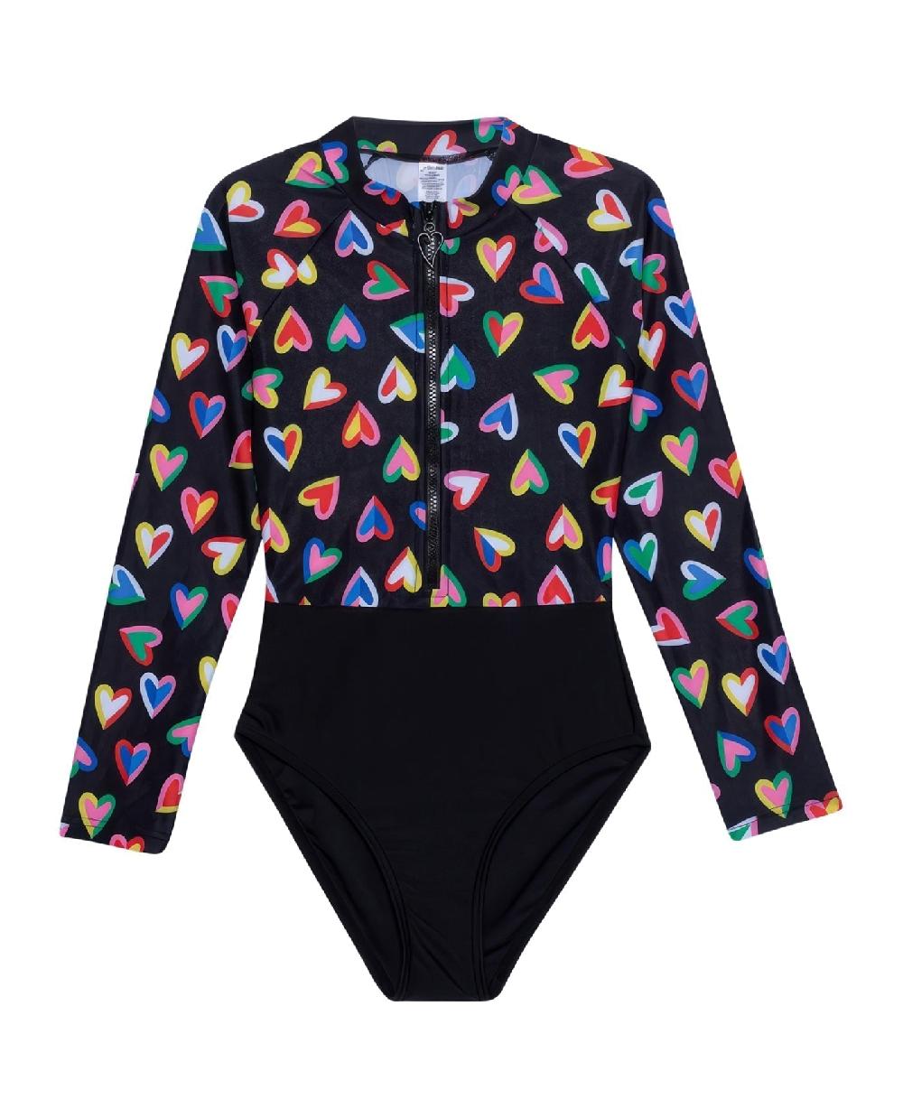 gottex Hearts Long Sleeve Zip Up Rash Guard One Piece Swimsuit Hearts