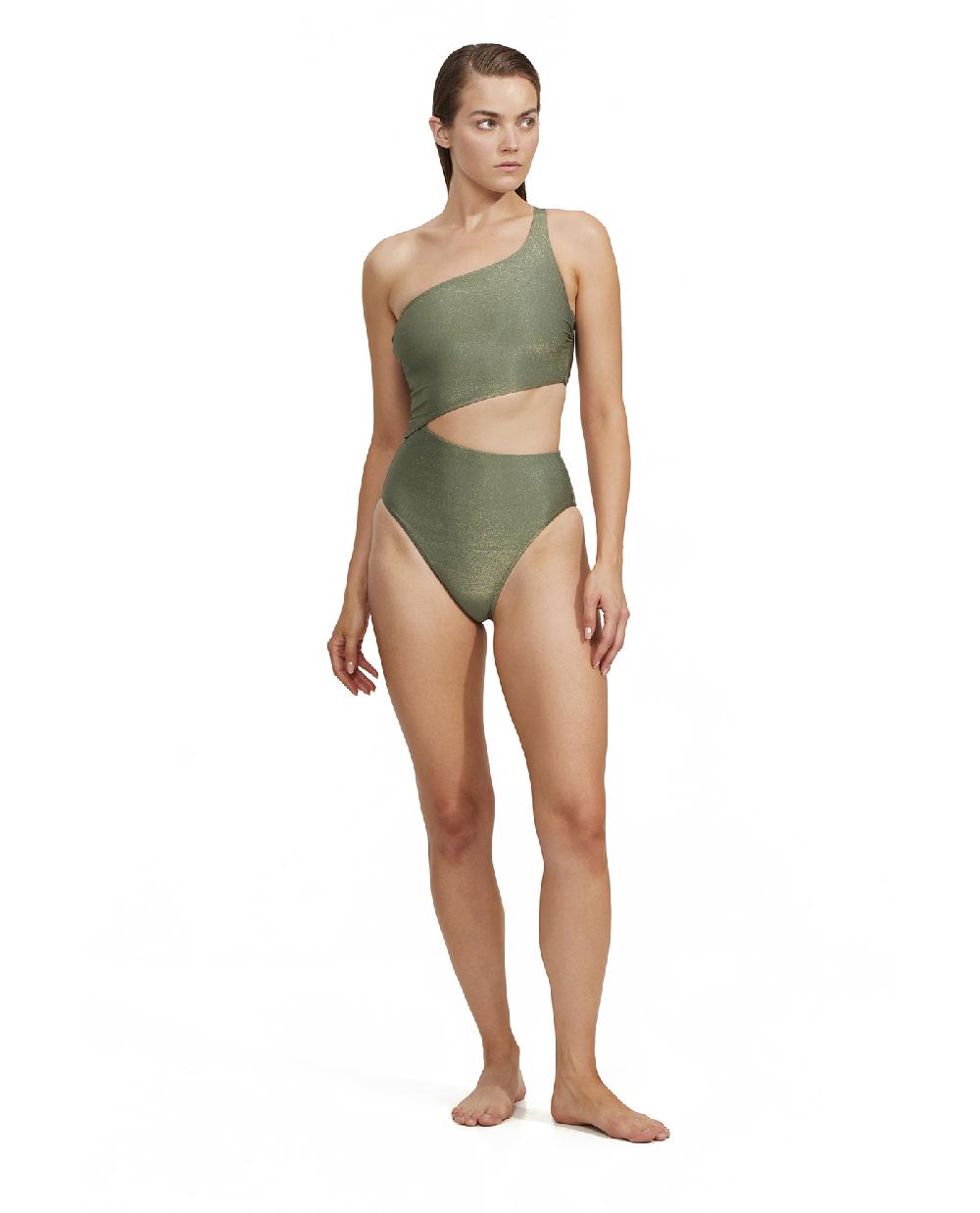 Gottex High End One Shoulder Cut Out One Piece Olive
