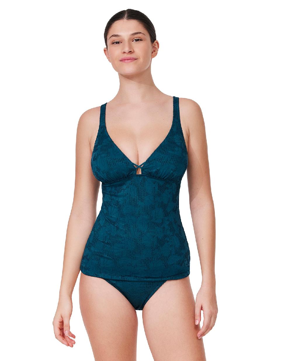 Gottex Jolene Textured D-Cup V Neck Tankini Top-Petrol Petrol
