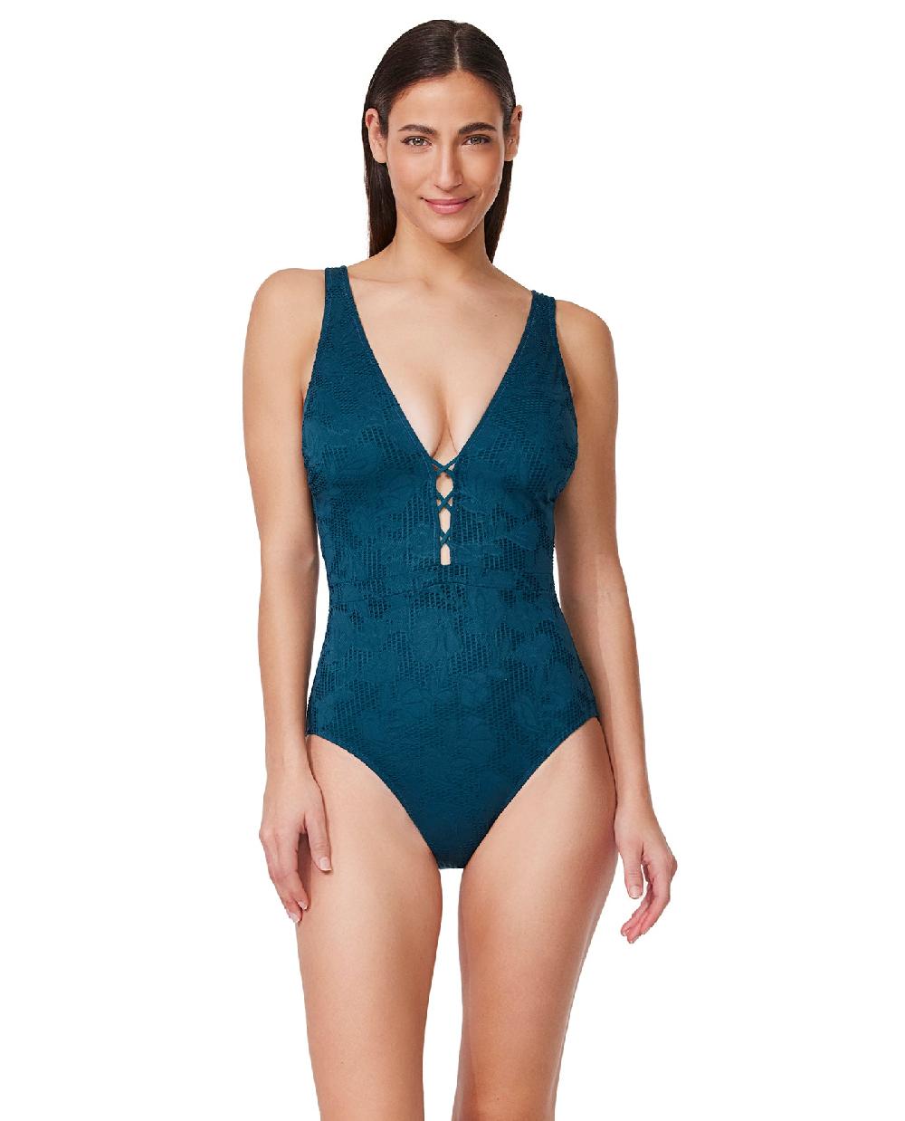 Gottex Jolene Textured Deep V Neck One Piece -Petrol Petrol