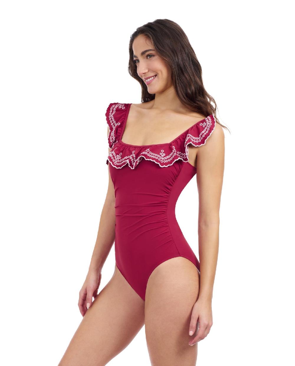 Gottex Lola Lazer Square Neck Laser Ruffle One Piece Swimsuit Profile