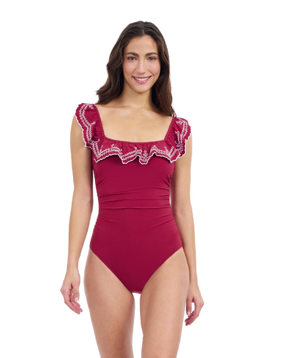 gottex Lola Lazer Square Neck Laser Ruffle One Piece Swimsuit Profile