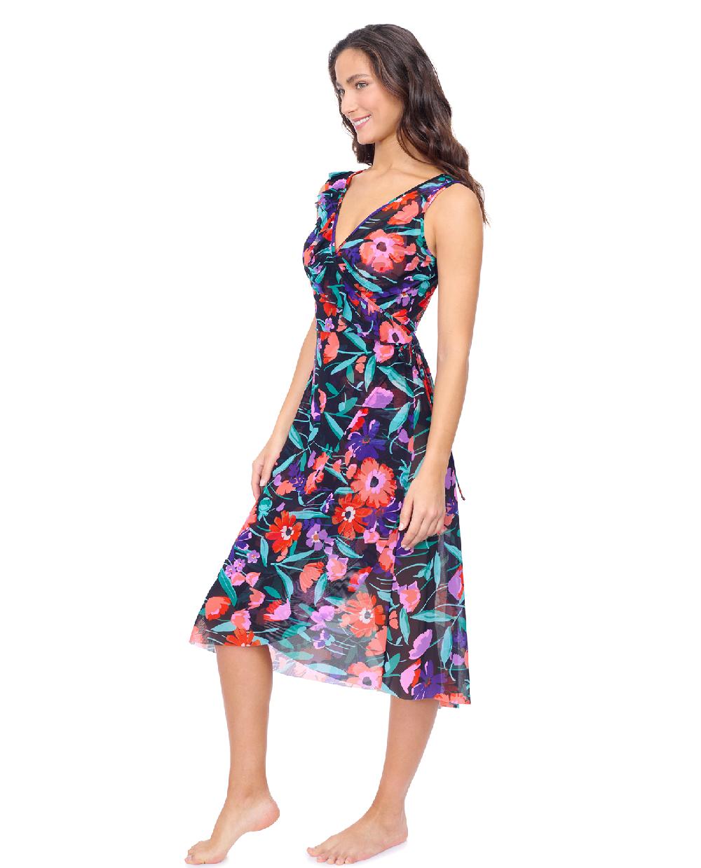 Gottex Marguerite V Neck Asymmetrical Ruffle Midi Wrap Mesh Dress Profile