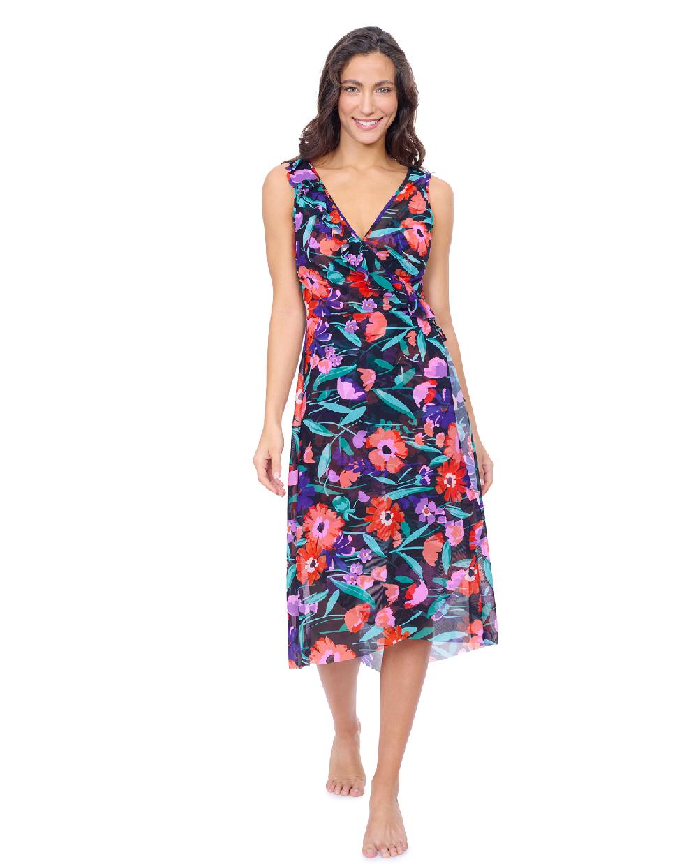 gottex Marguerite V Neck Asymmetrical Ruffle Midi Wrap Mesh Dress Profile