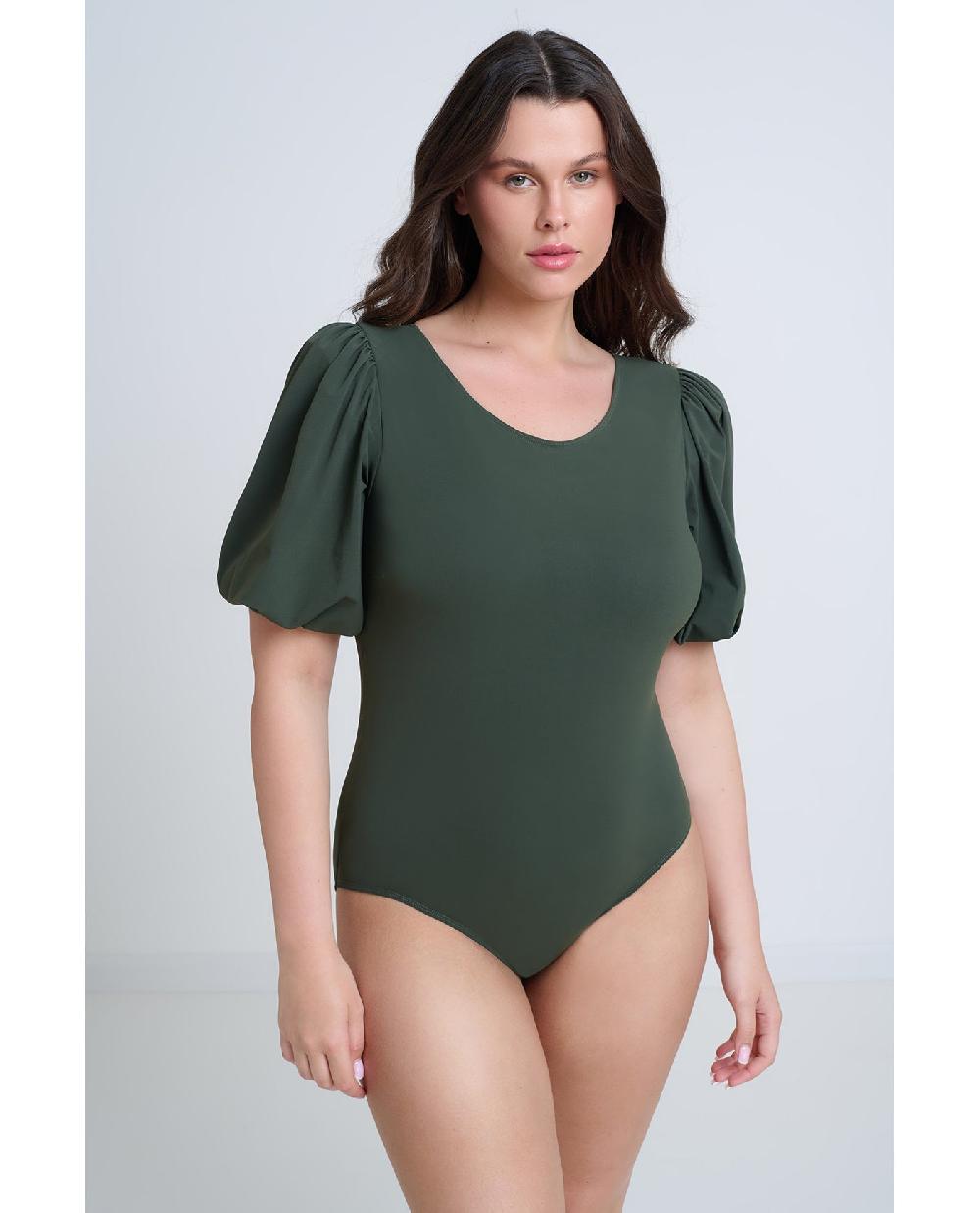 gottex Modest High Round Neck Puff Sleeve One Piece Khaki