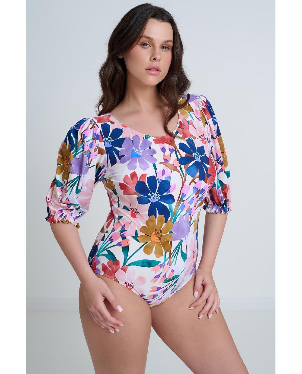 Gottex Modest High Round Neck Puff Sleeve One Piece Profile