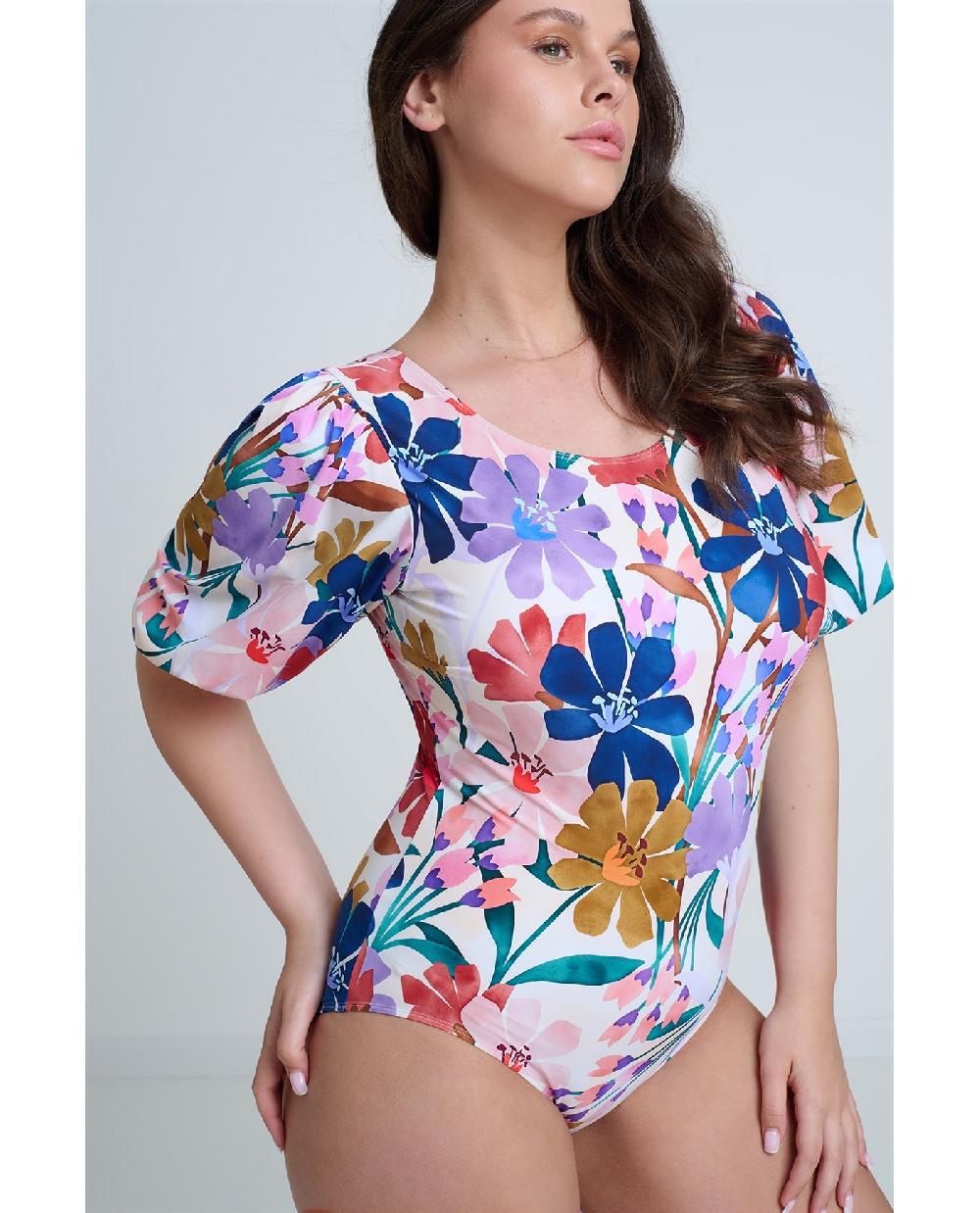 Gottex Modest High Round Neck Puff Sleeve One Piece Profile