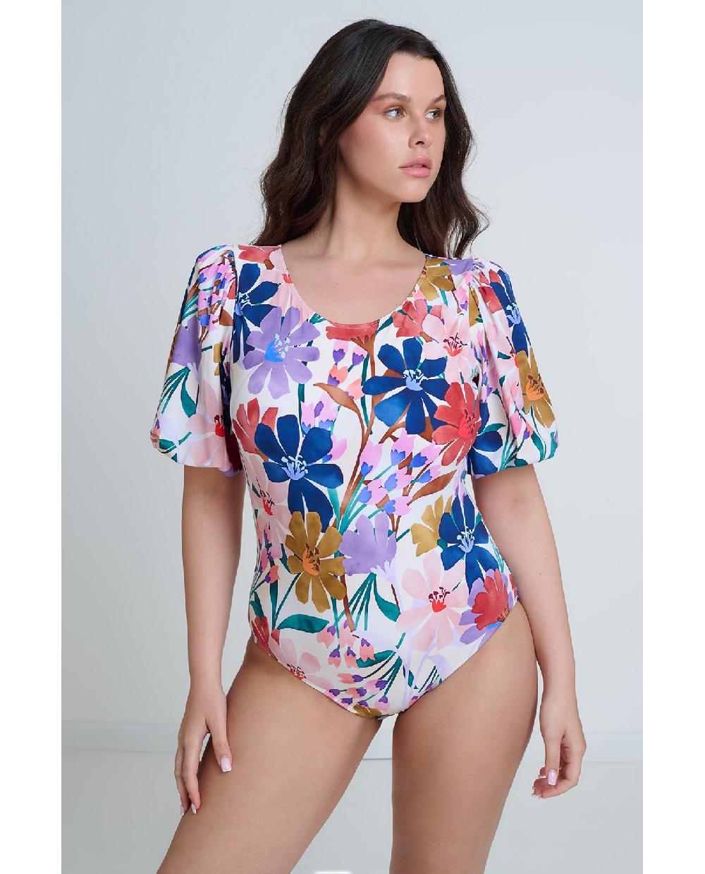 gottex Modest High Round Neck Puff Sleeve One Piece Profile