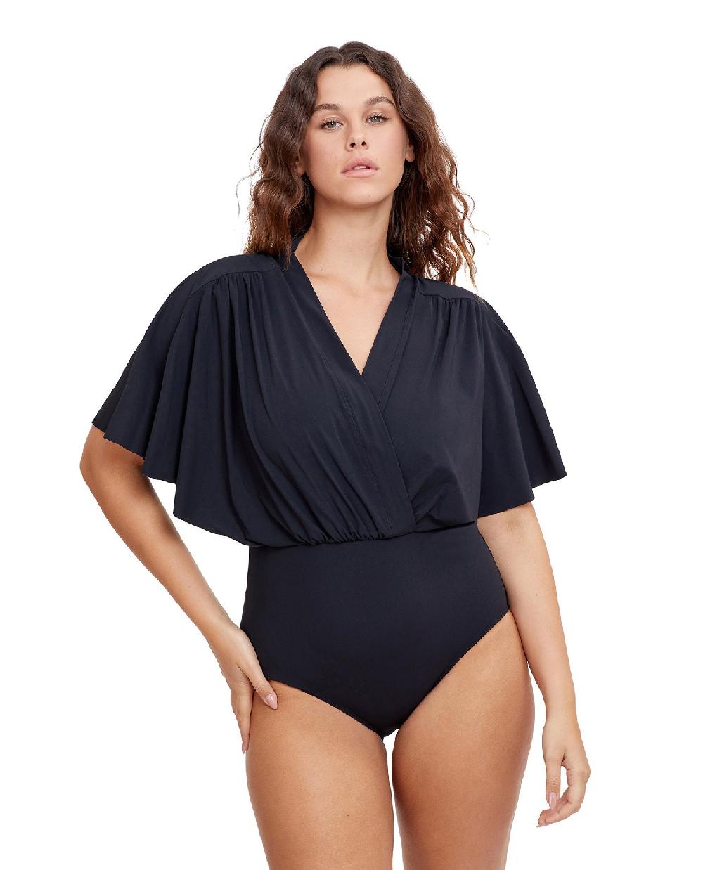 gottex Modest Sleeved Surplice Blouson One Piece Black