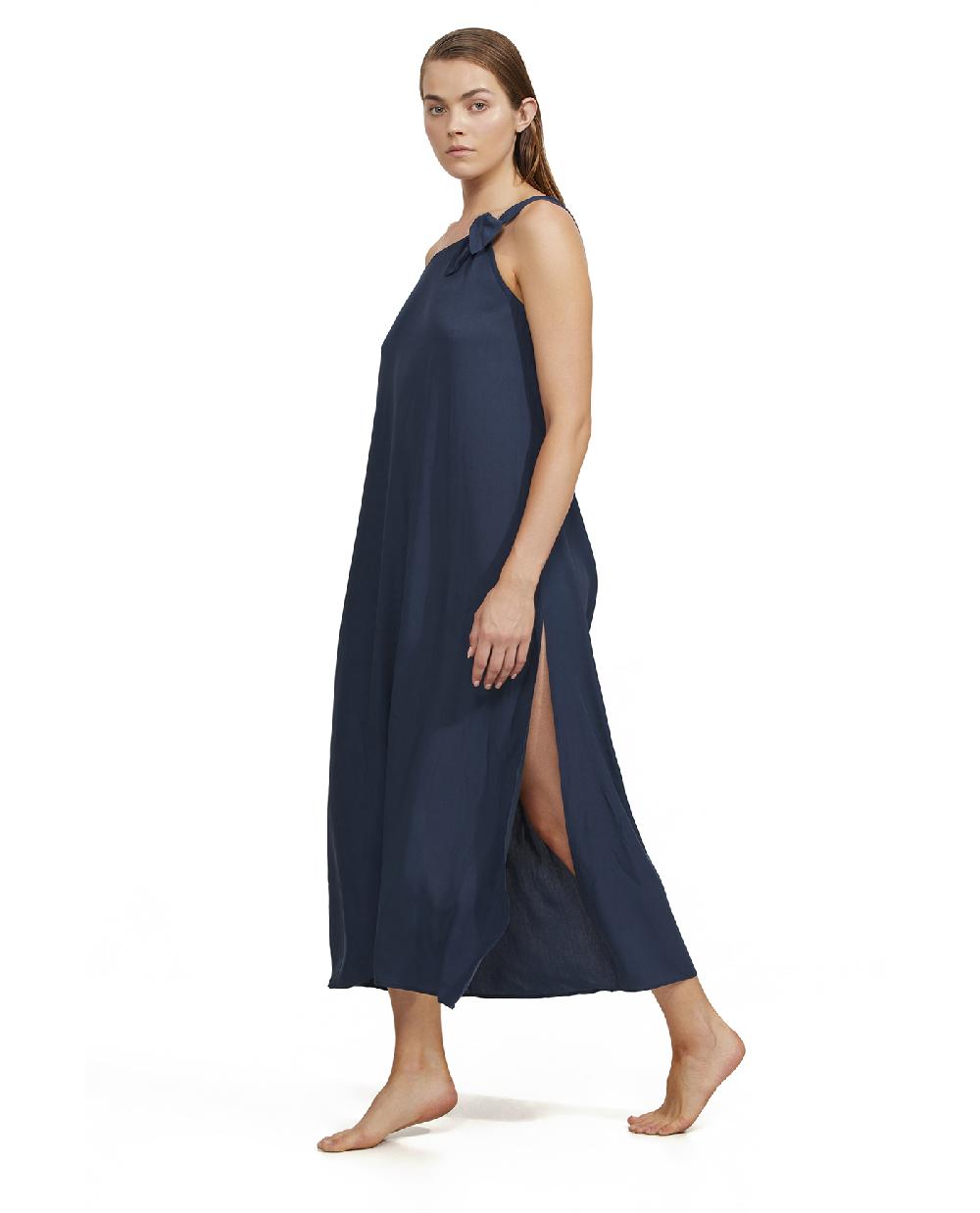 Gottex One Shoulder Sarong Style Maxi Dress Cover Up Midnight