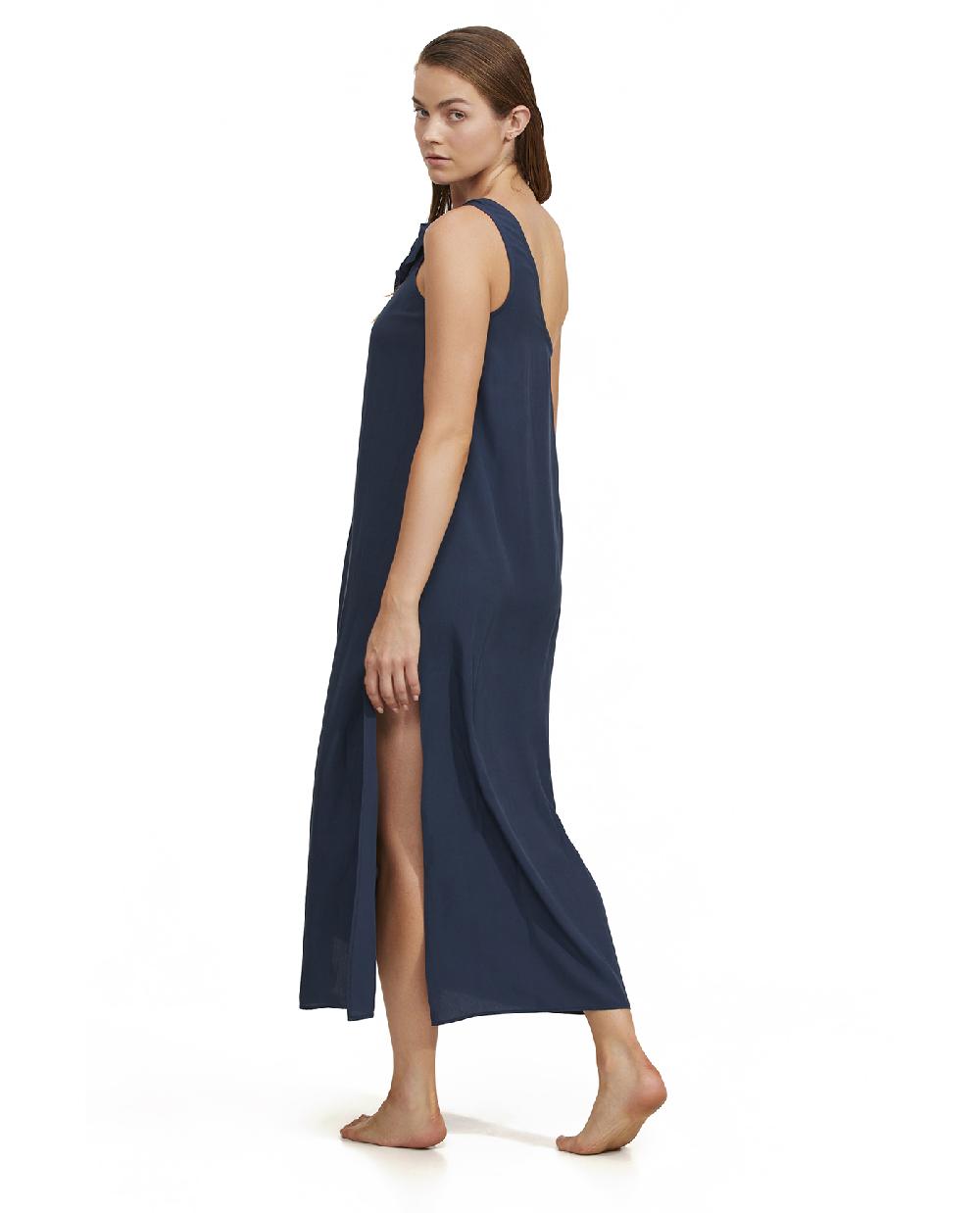 Gottex One Shoulder Sarong Style Maxi Dress Cover Up Midnight