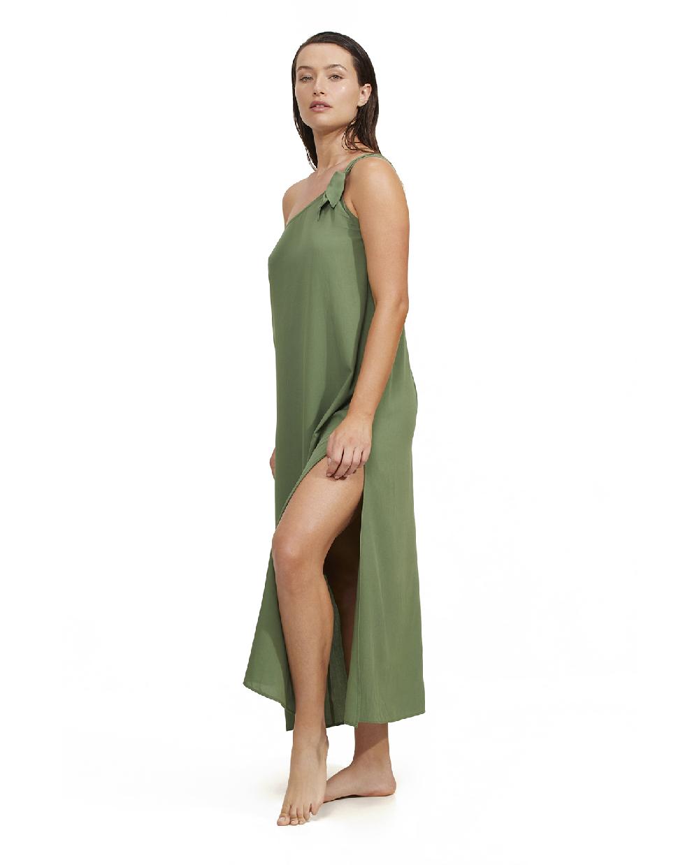 Gottex One Shoulder Sarong Style Maxi Dress Cover Up Olive