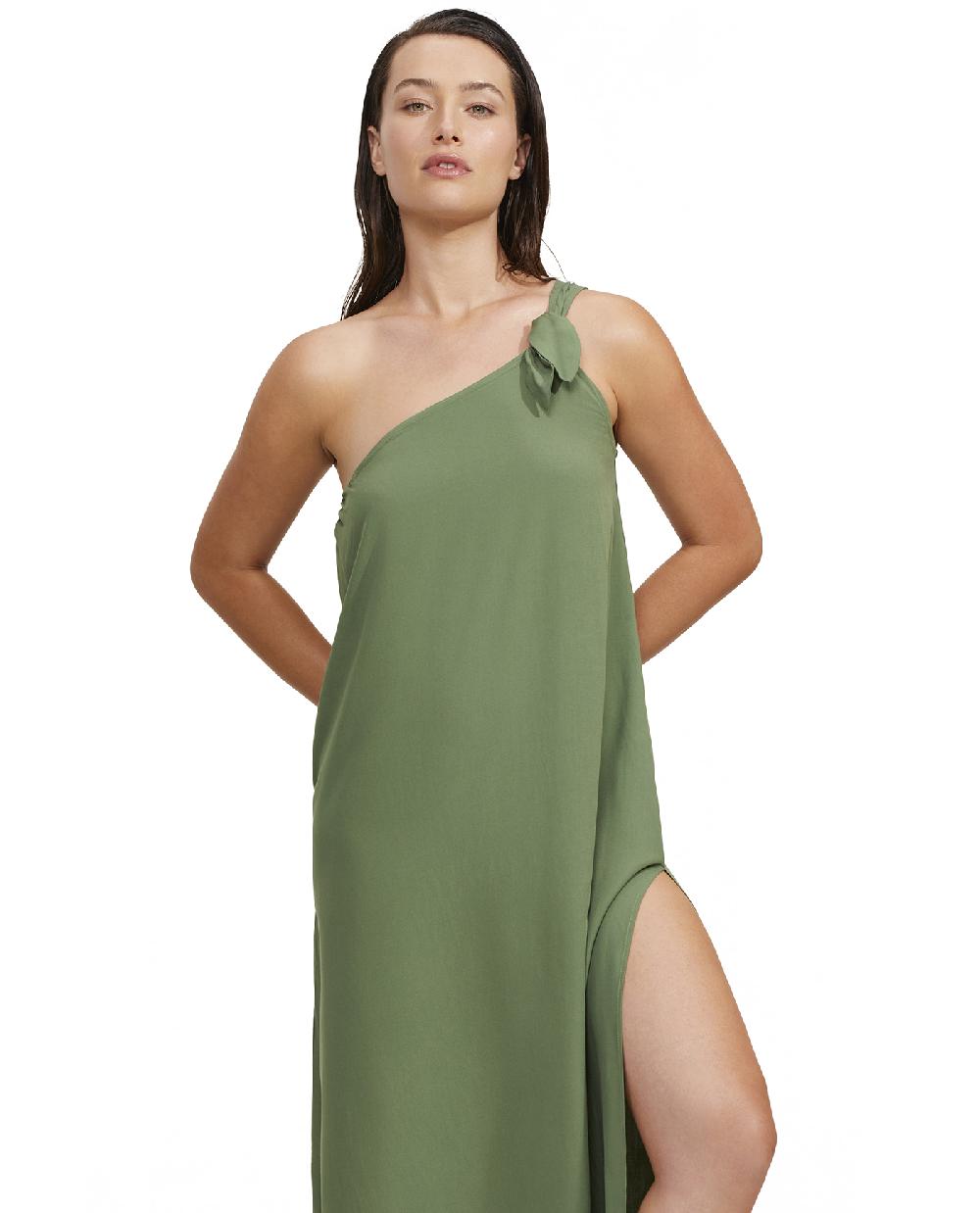 Gottex One Shoulder Sarong Style Maxi Dress Cover Up Olive
