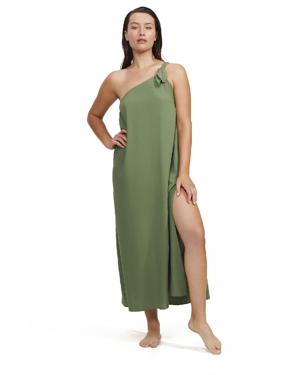 gottex One Shoulder Sarong Style Maxi Dress Cover Up Olive