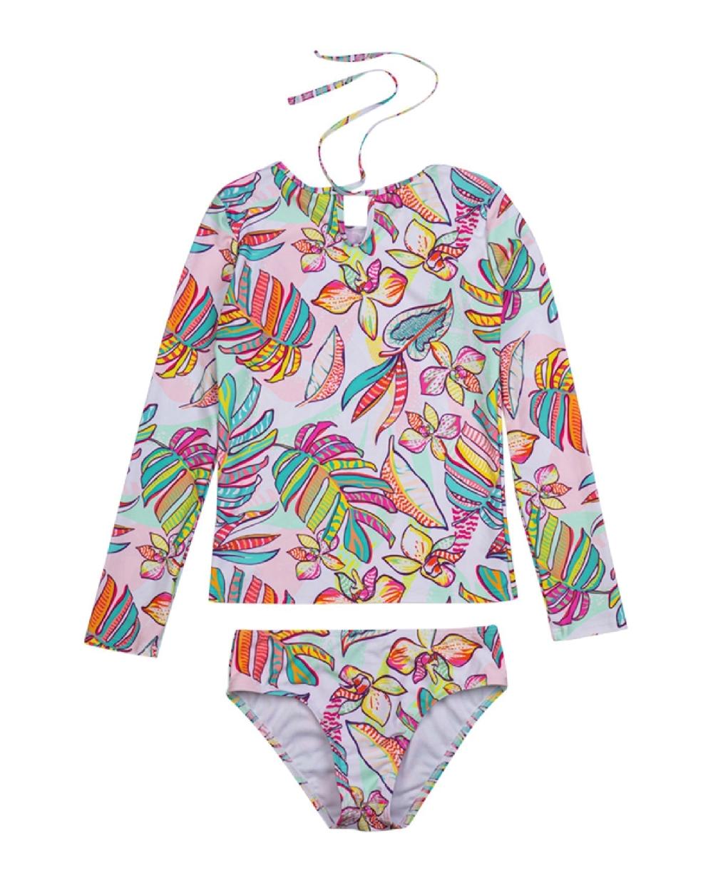 Gottex Palm Island Long Sleeve Rash Guard Top And Bikini Bottom Palm