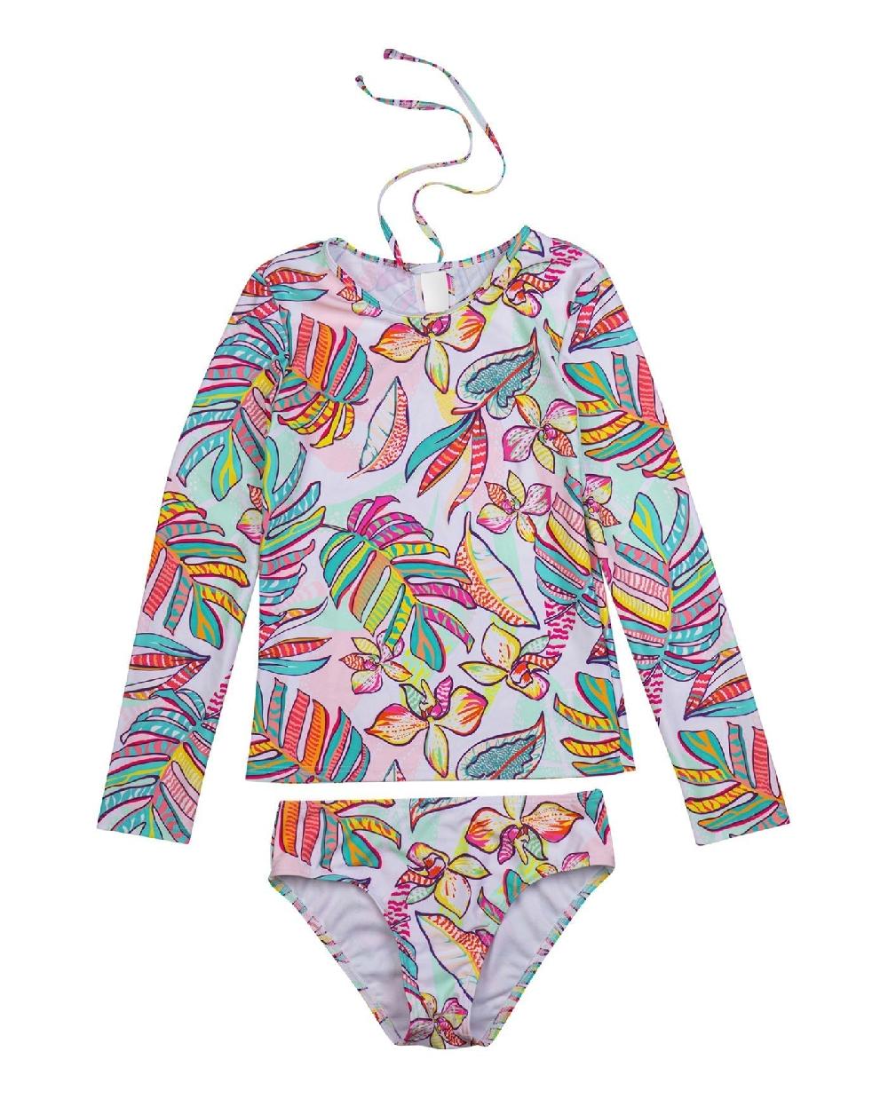 gottex Palm Island Long Sleeve Rash Guard Top And Bikini Bottom Palm