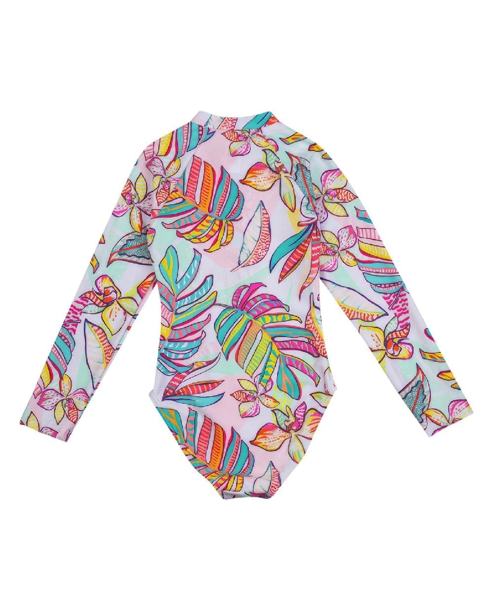 Gottex Palm Island Long Sleeve Zip Up Rash Guard One Piece Swimsuit Palm