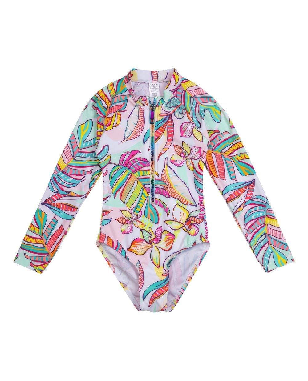 gottex Palm Island Long Sleeve Zip Up Rash Guard One Piece Swimsuit Palm