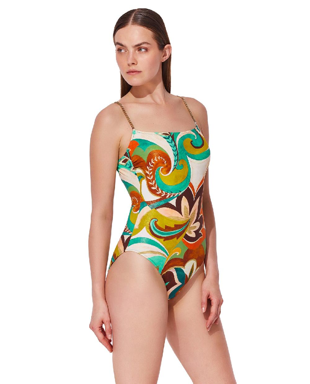 Gottex Porto Round Neck Chain Straps One Piece-Multi/brn Porto