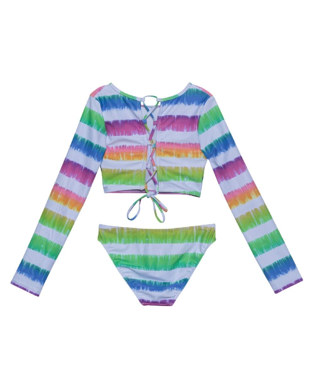 Gottex Rainbow Long Sleeve Cropped Rash Guard Top And Bikini Bottom Rainbow