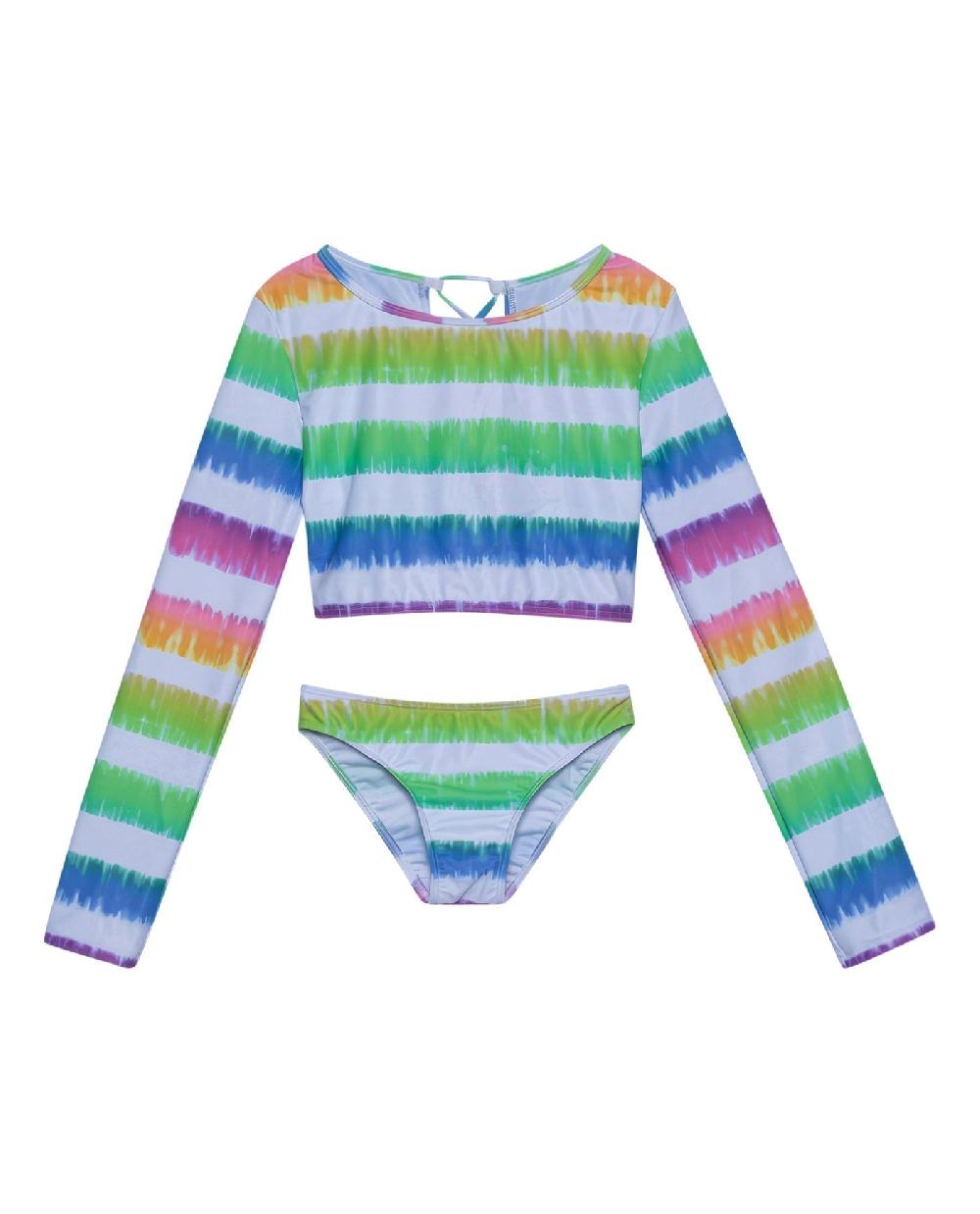 gottex Rainbow Long Sleeve Cropped Rash Guard Top And Bikini Bottom Rainbow