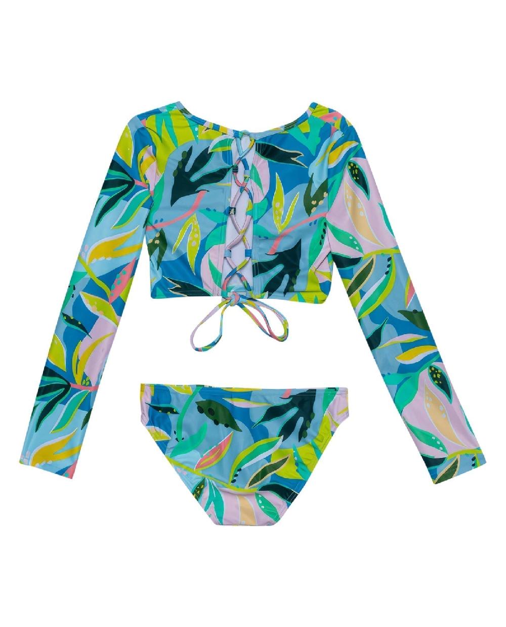 Gottex Rainforest Long Sleeve Cropped Rash Guard Top And Bikini Bottom Rainforest