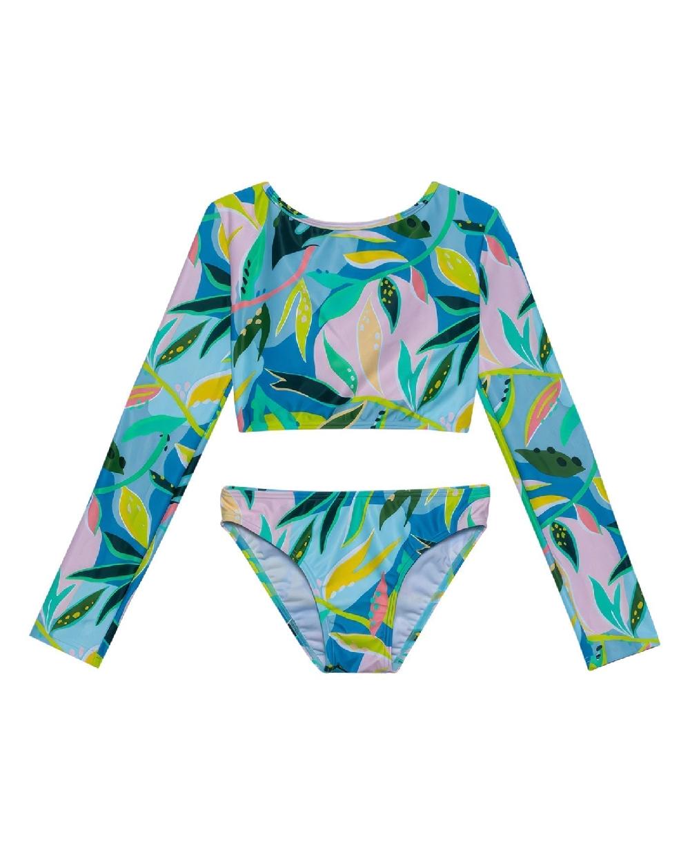 gottex Rainforest Long Sleeve Cropped Rash Guard Top And Bikini Bottom Rainforest