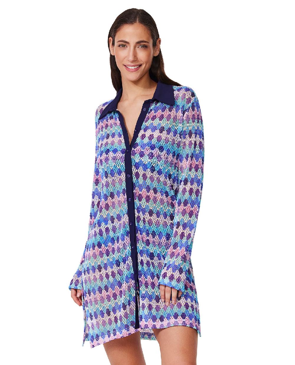 Gottex Retro Riviera Netted Crochet Buttoned Tunic Cover-Up Retro