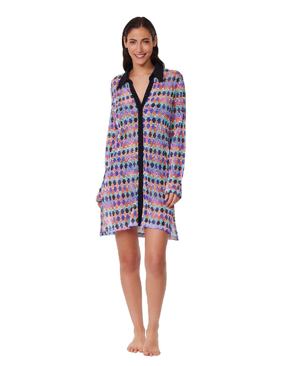 gottex Retro Riviera Netted Crochet Buttoned Tunic Cover-Up Retro