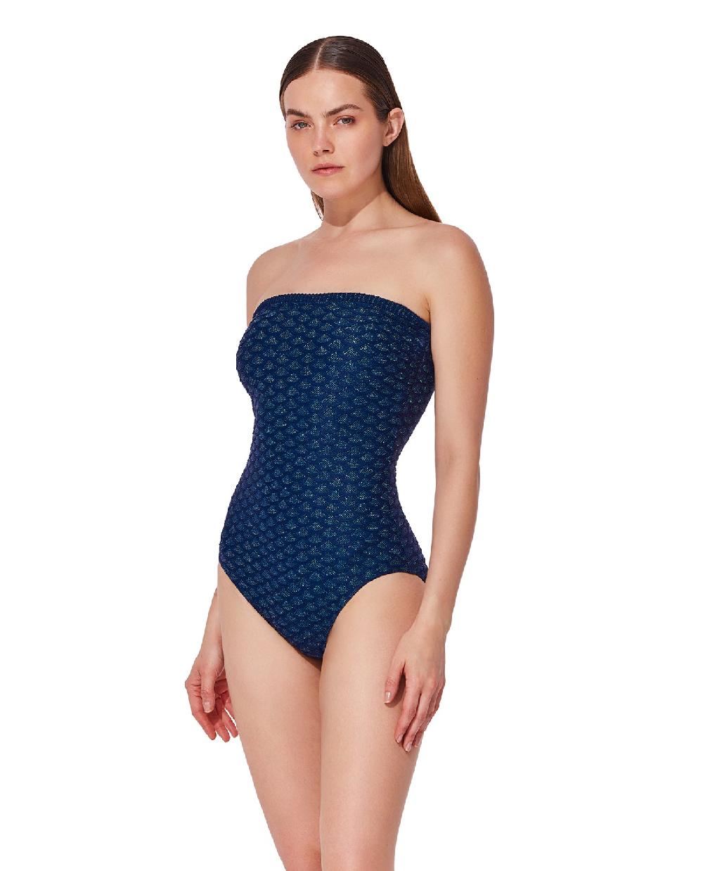 Gottex Scaled Up Bandeau Knit One Piece -Navy /turq Navy