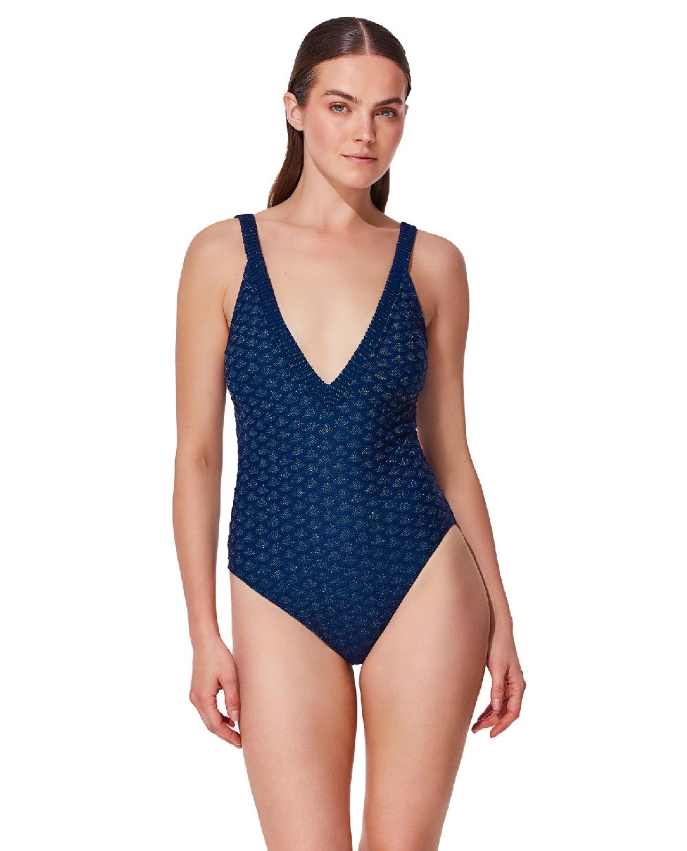 gottex Scaled Up Deep V Knit One Piece -Navy /turq Navy