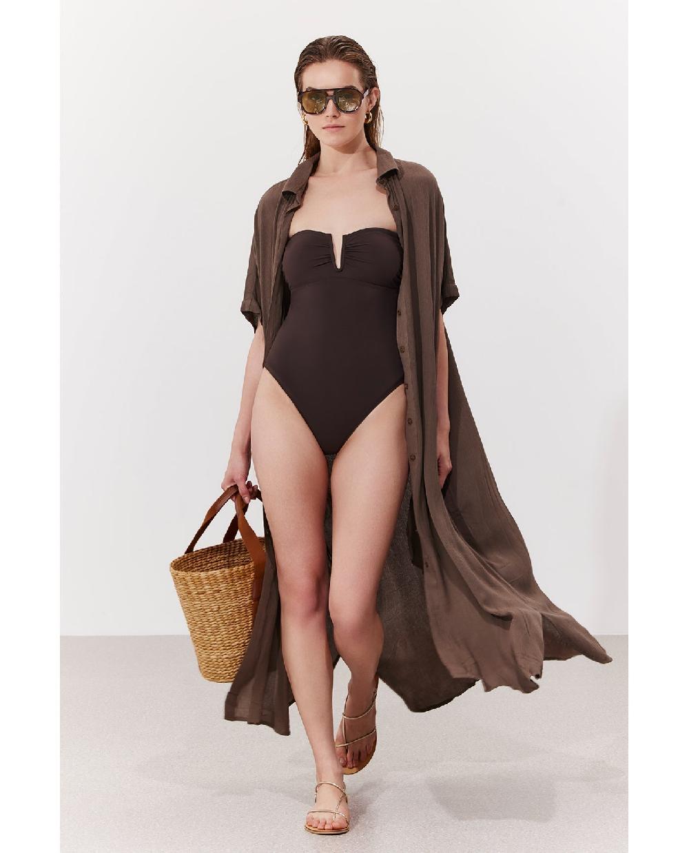 Gottex Solena Crêpe Oversized Shirt Dress Cover-Up Khaki