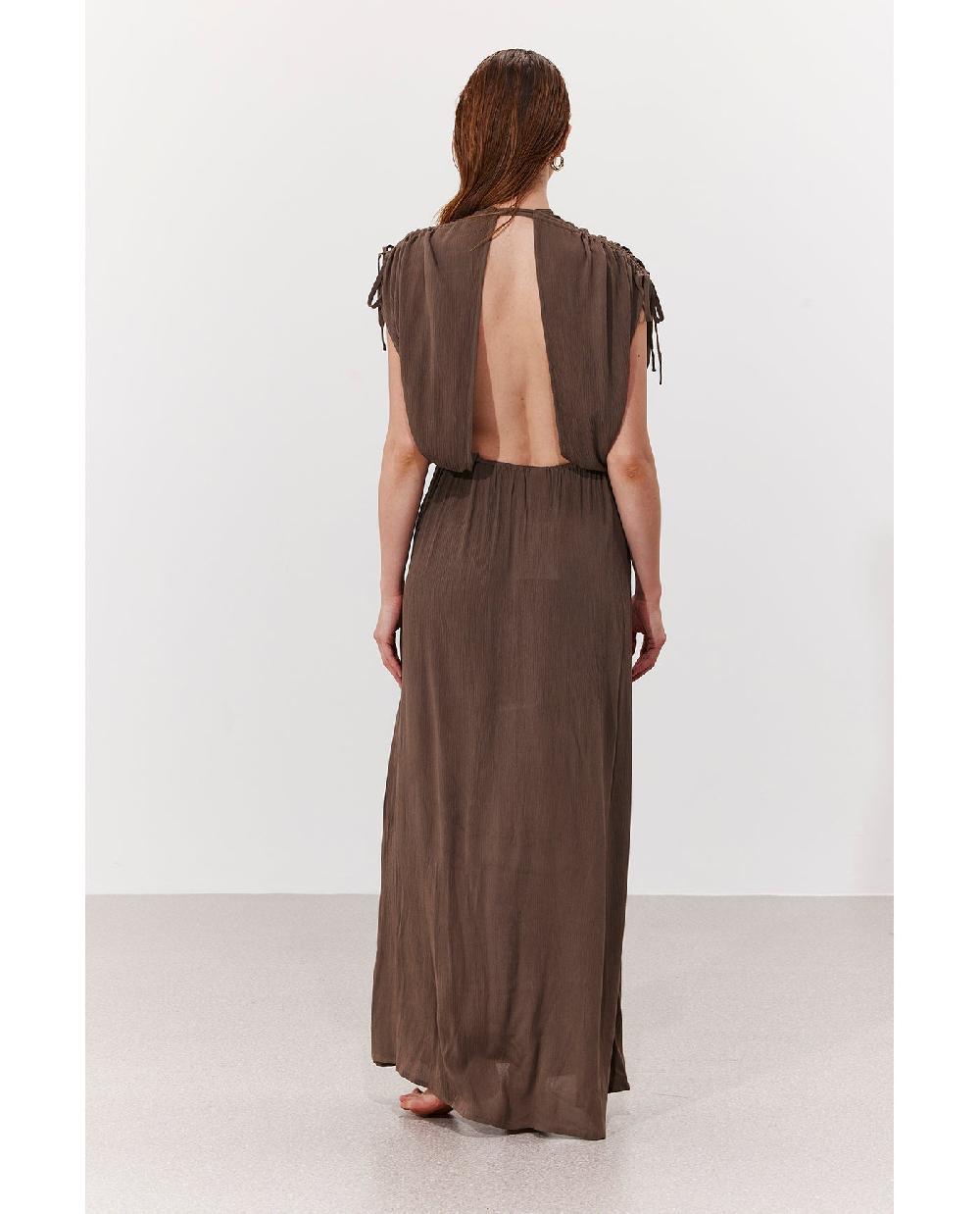 Gottex Solena Crêpe V Neck Open Back Midi Dress Cover-Up Khaki