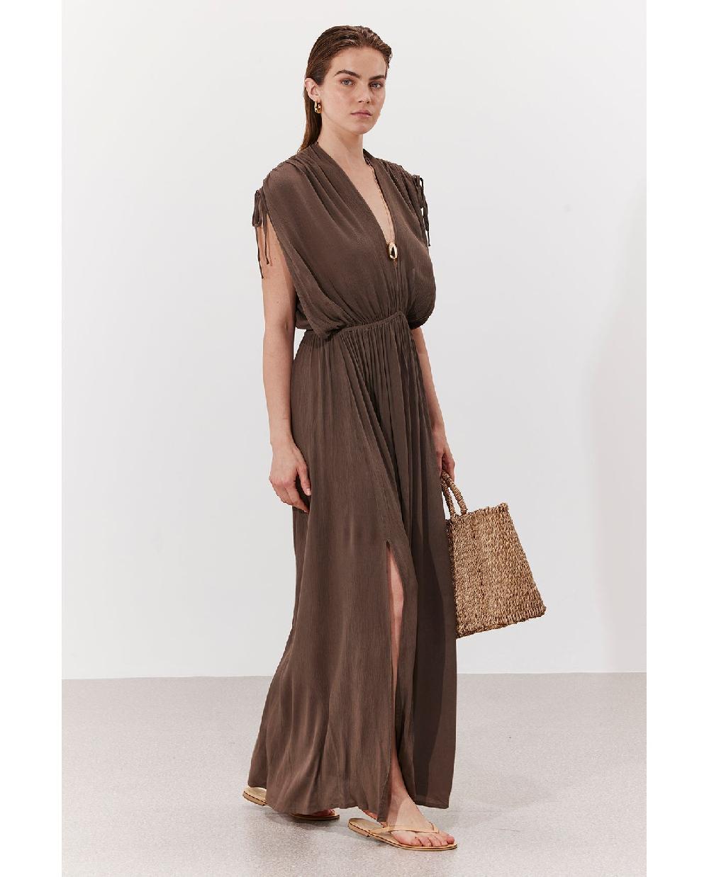 Gottex Solena Crêpe V Neck Open Back Midi Dress Cover-Up Khaki