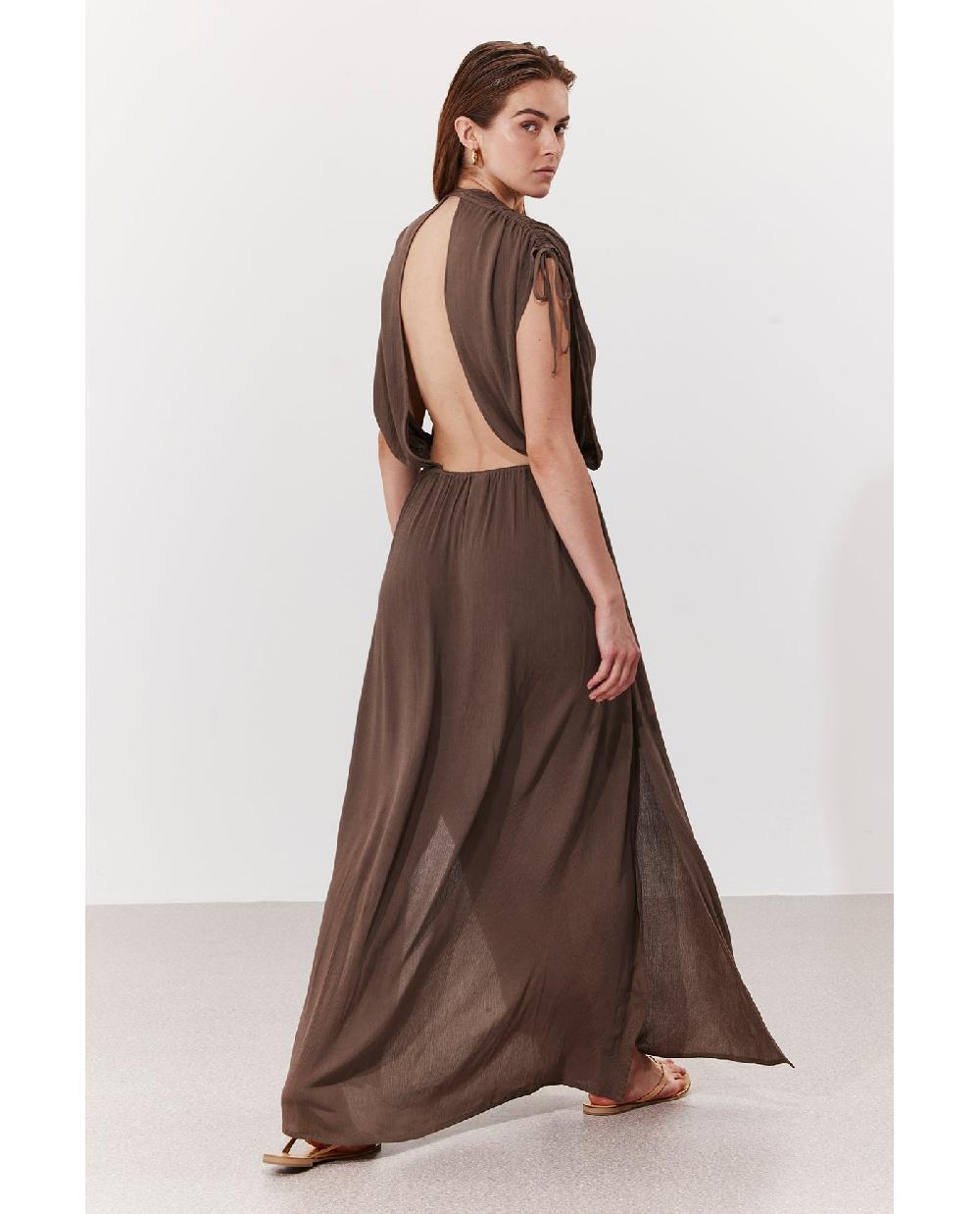 Gottex Solena Crêpe V Neck Open Back Midi Dress Cover-Up Khaki