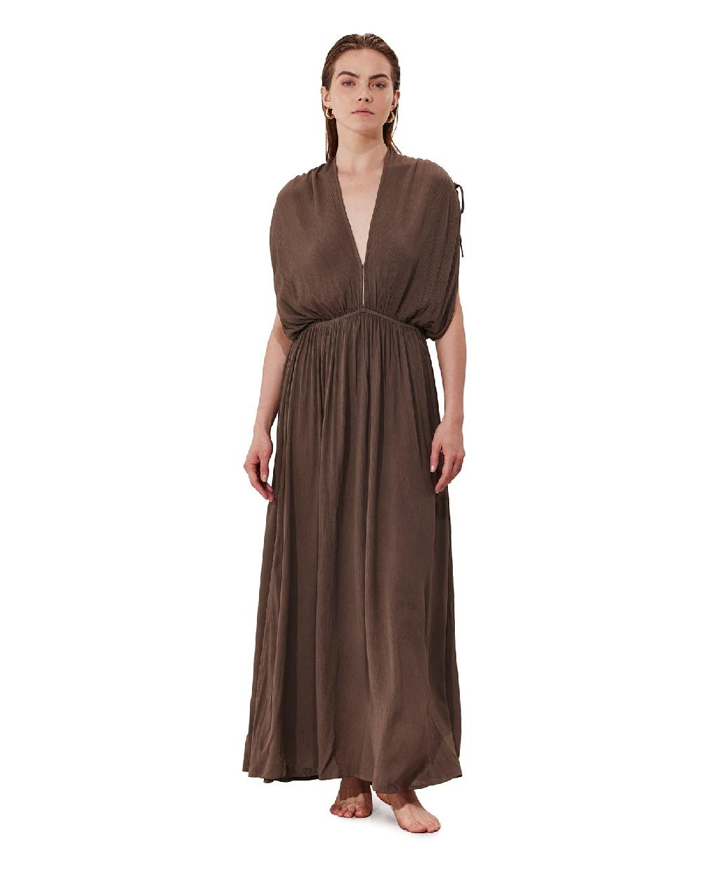 gottex Solena Crêpe V Neck Open Back Midi Dress Cover-Up Khaki
