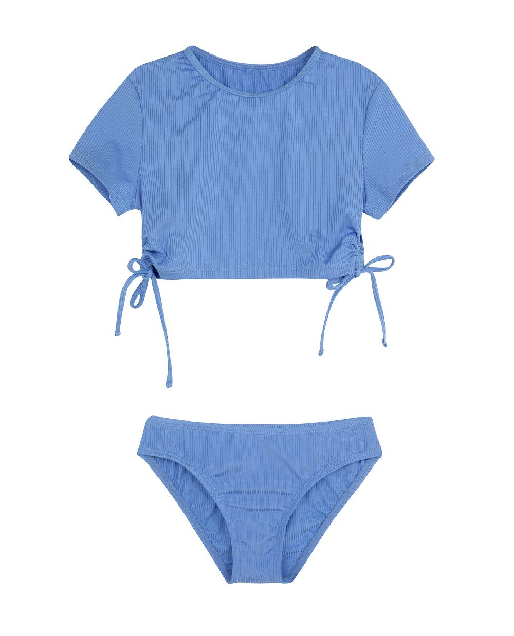 gottex Summer Rib Short Sleeve Side Tie Swim Set Blue