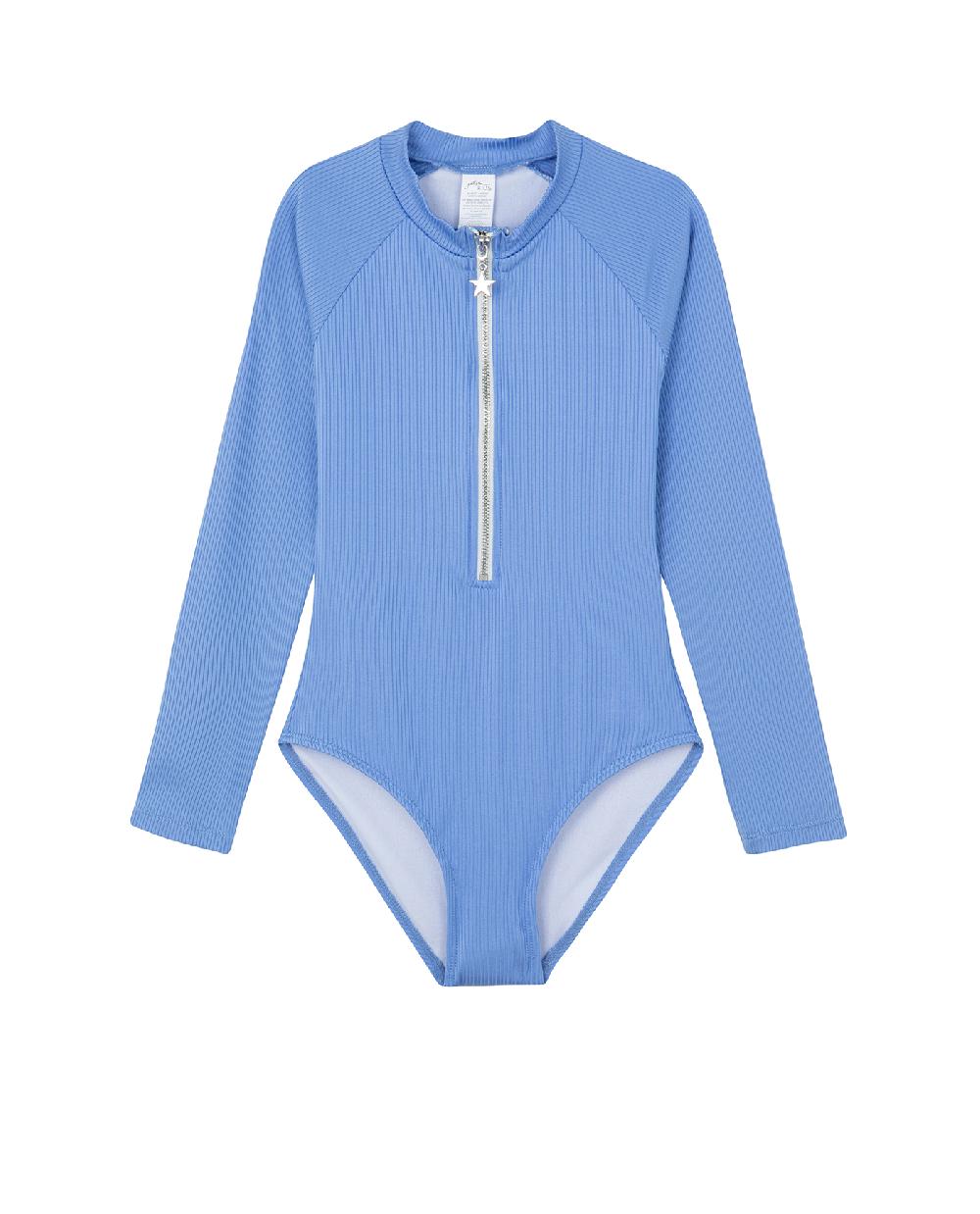 gottex Summer Rib Textured Long Sleeve Zip Front One Piece Blue
