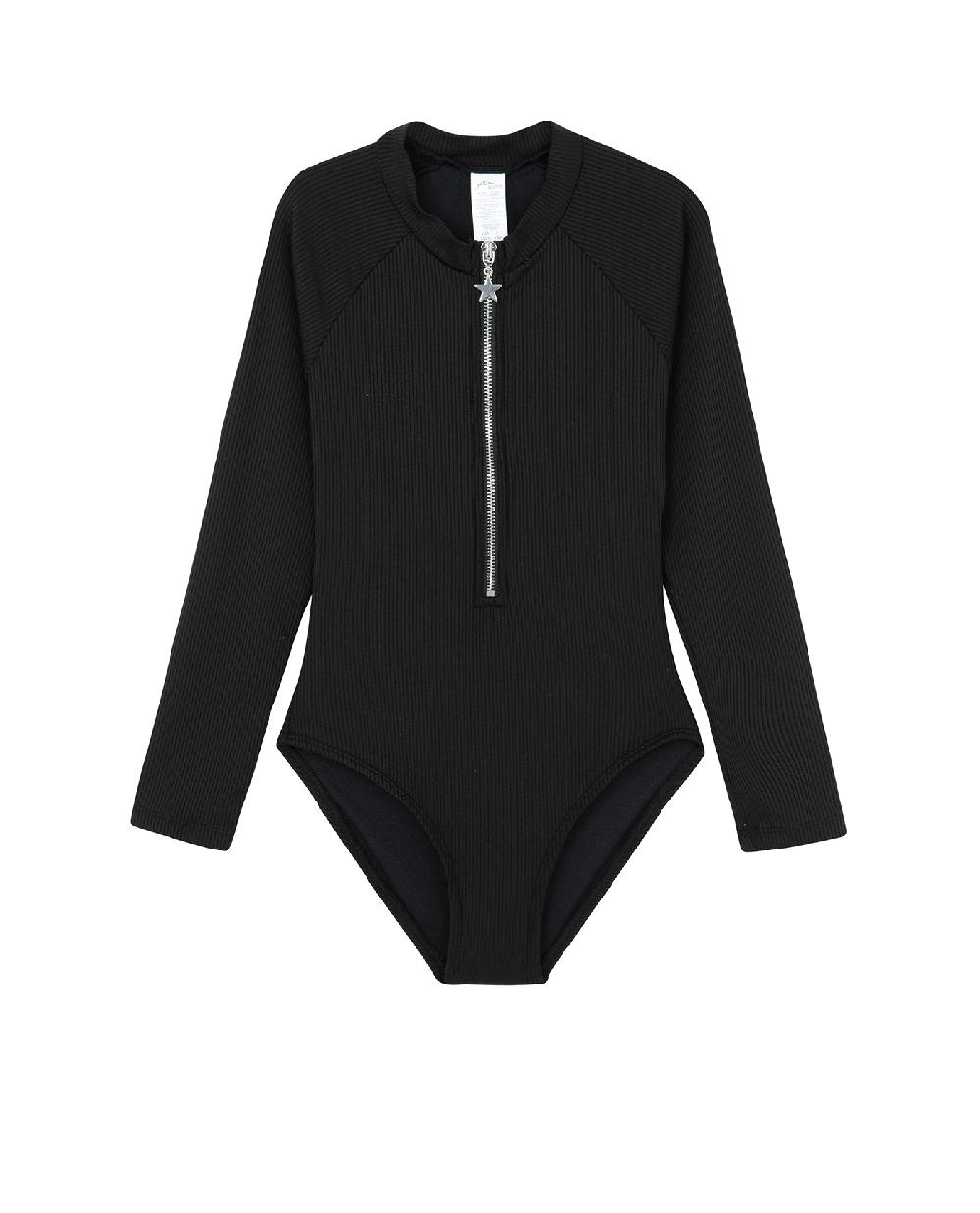 gottex Summer Rib Textured Long Sleeve Zip Front One Piece Black