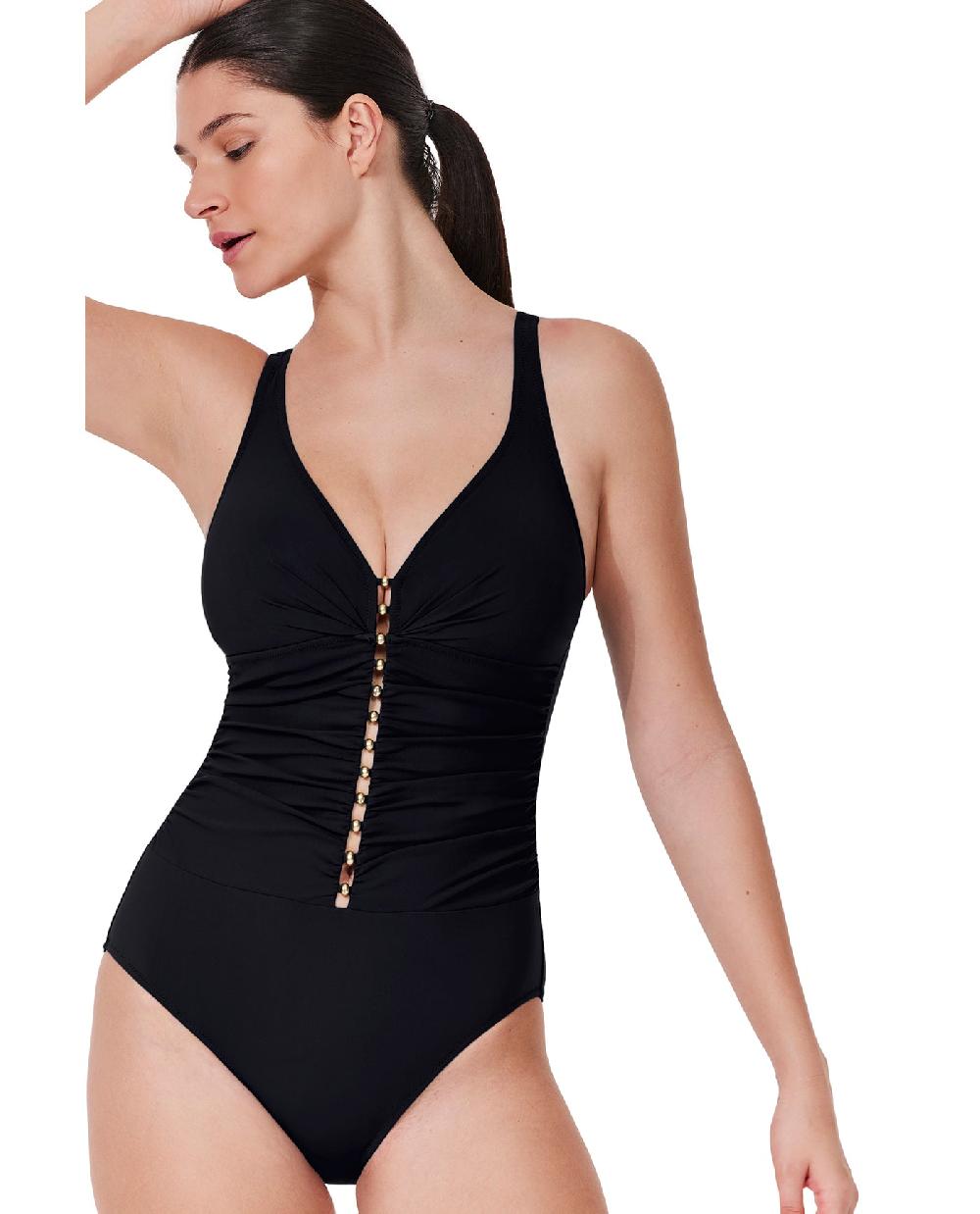Gottex Tutti Frutti D-Cup V-Neck Gold Beaded One Piece Black