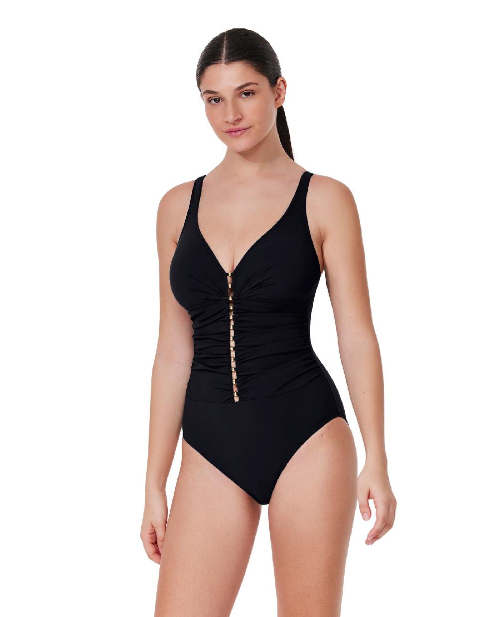 gottex Tutti Frutti D-Cup V-Neck Gold Beaded One Piece Black