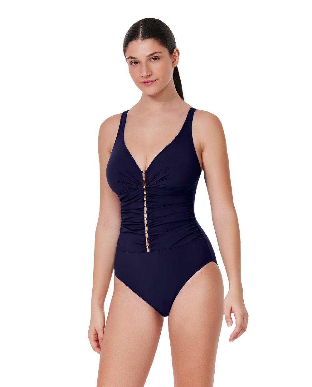 gottex Tutti Frutti D-Cup V-Neck Gold Beaded One Piece Navy