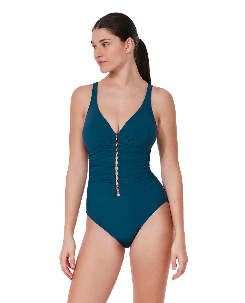 Gottex Tutti Frutti D-Cup V-Neck Gold Beaded One Piece Petrol