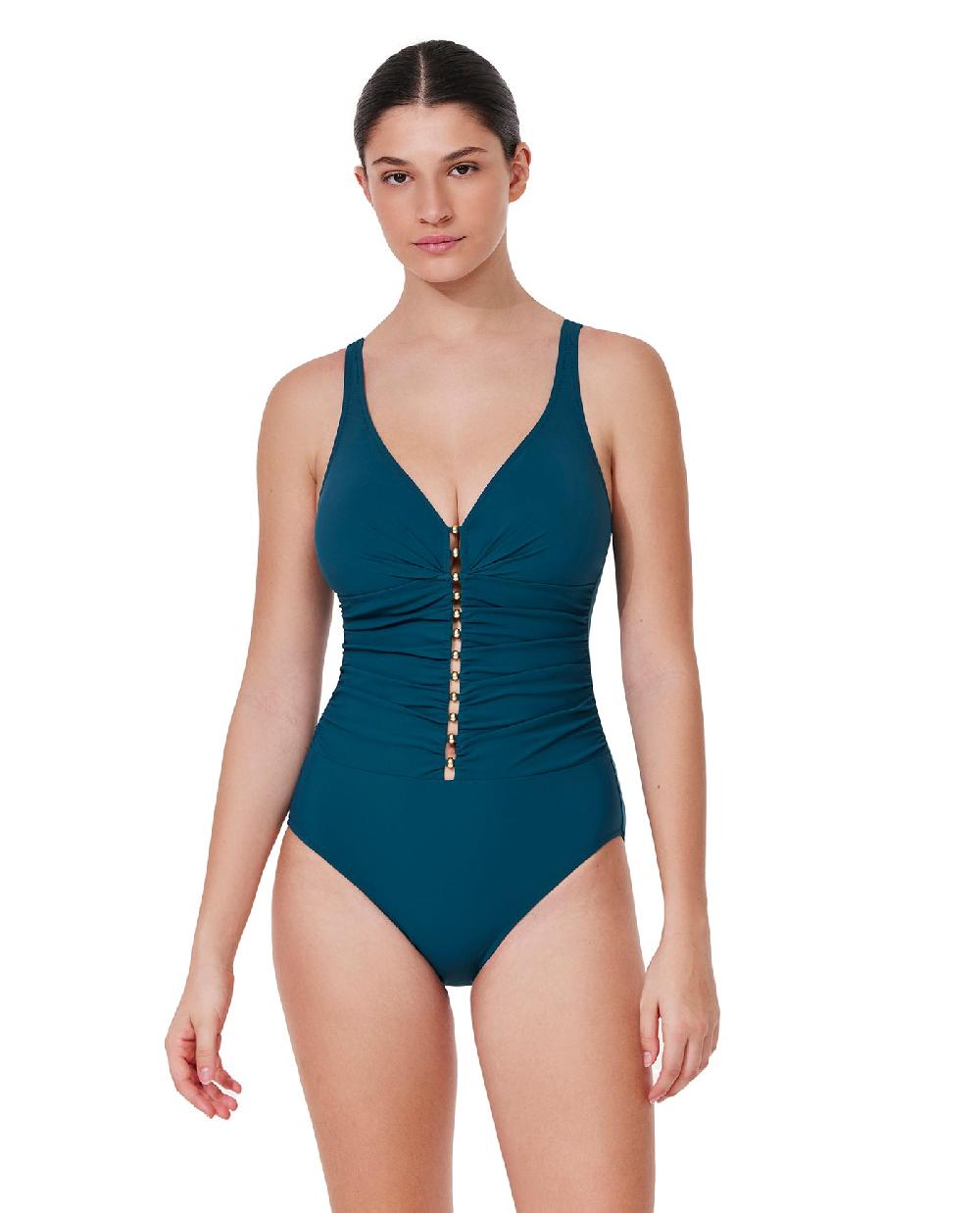 gottex Tutti Frutti D-Cup V-Neck Gold Beaded One Piece Petrol