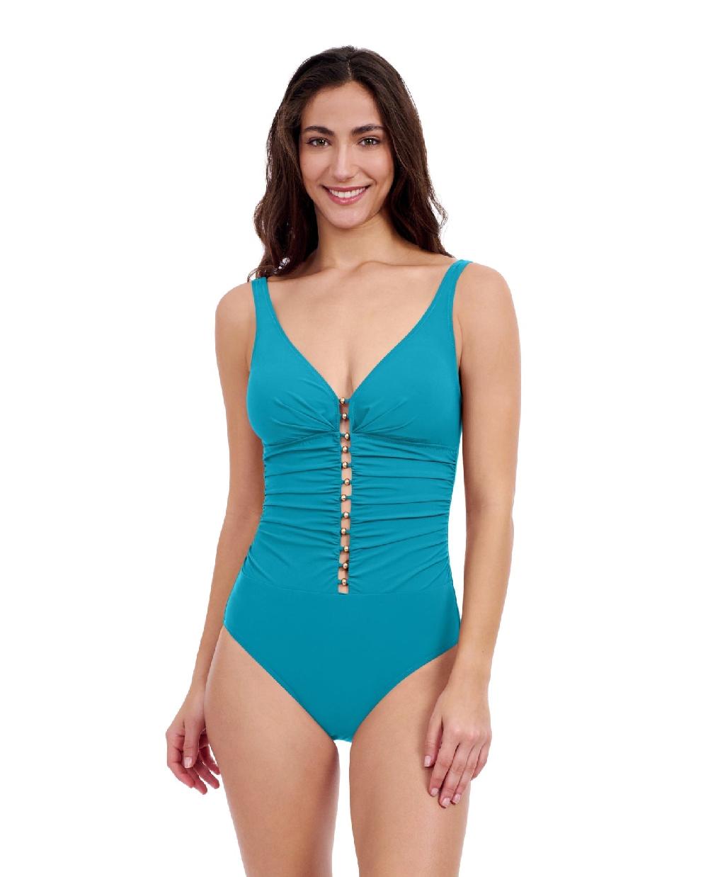 gottex Tutti Frutti D Cup V Neck Gold Beaded One Piece Swimsuit Profile