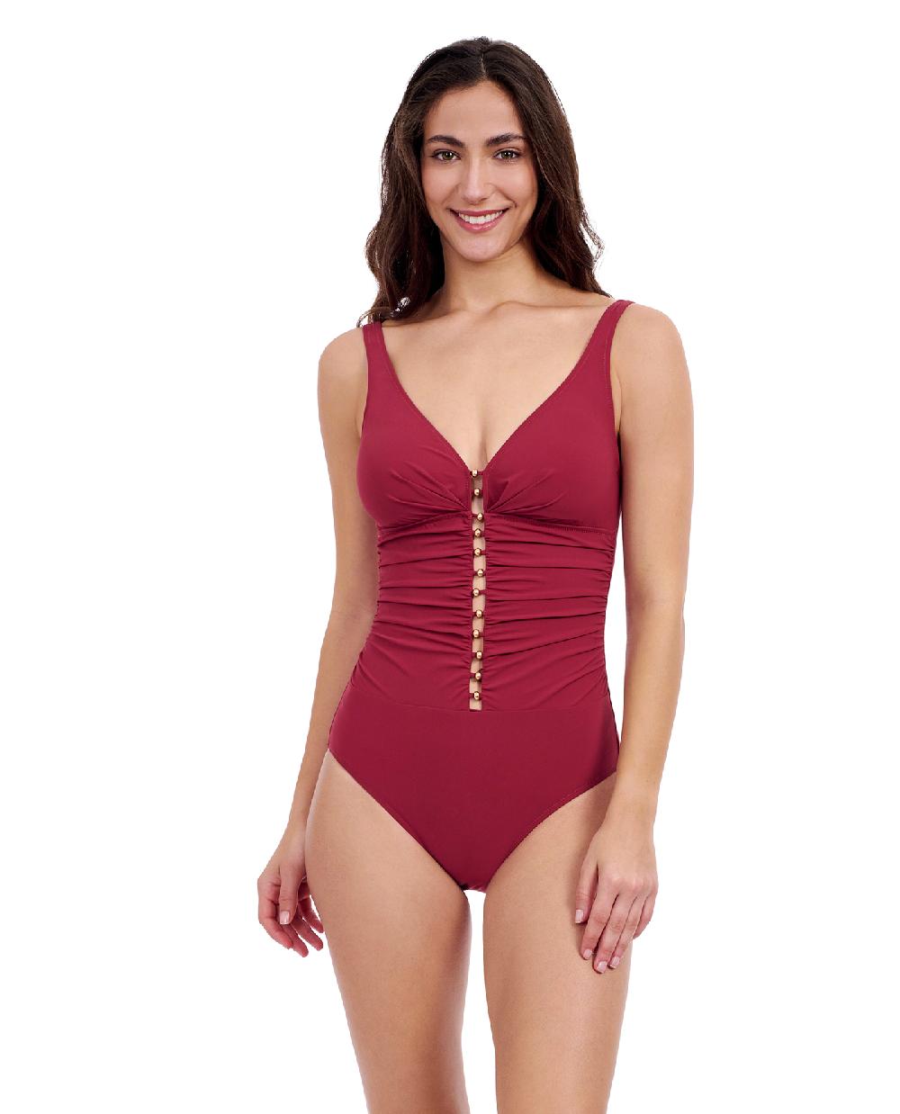 gottex Tutti Frutti D Cup V Neck Gold Beaded One Piece Swimsuit Profile