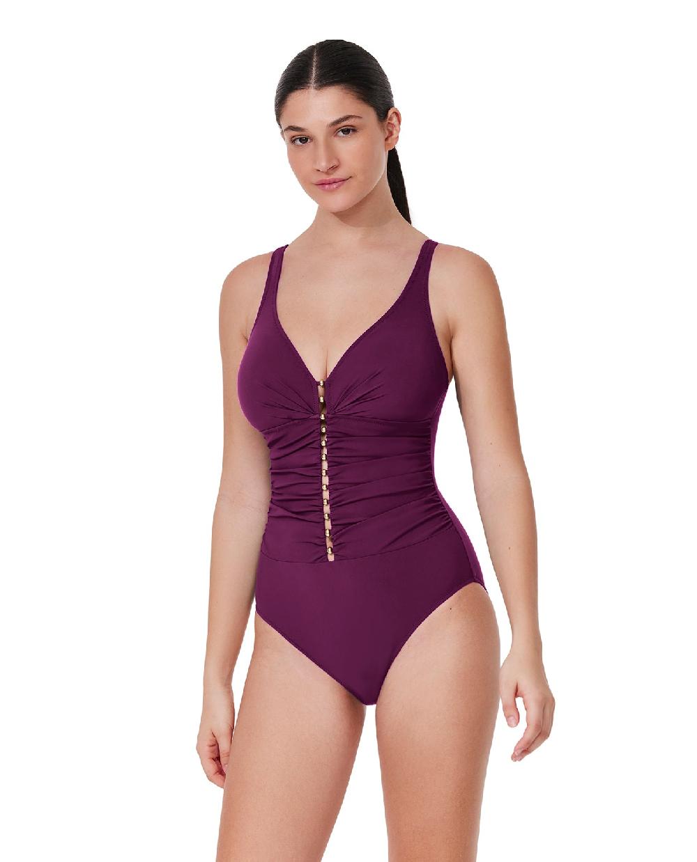 gottex Tutti Frutti D-Cup V-Neck Gold Beaded One Piece Wine