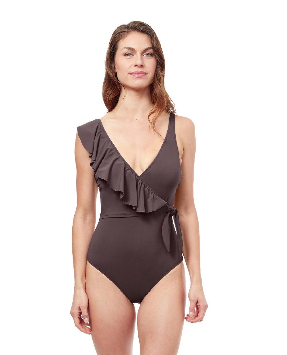 gottex Tutti Frutti V-Neck Surplice Ruffle One Piece Swimsuit Brown